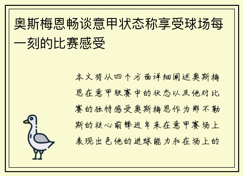 奥斯梅恩畅谈意甲状态称享受球场每一刻的比赛感受
